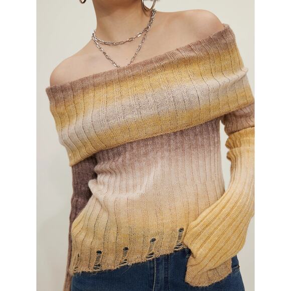 Commense Beige Yellow Wool Ombre Off The Shoulder Knit Long Sleeve Sweater Top S - Picture 3 of 7